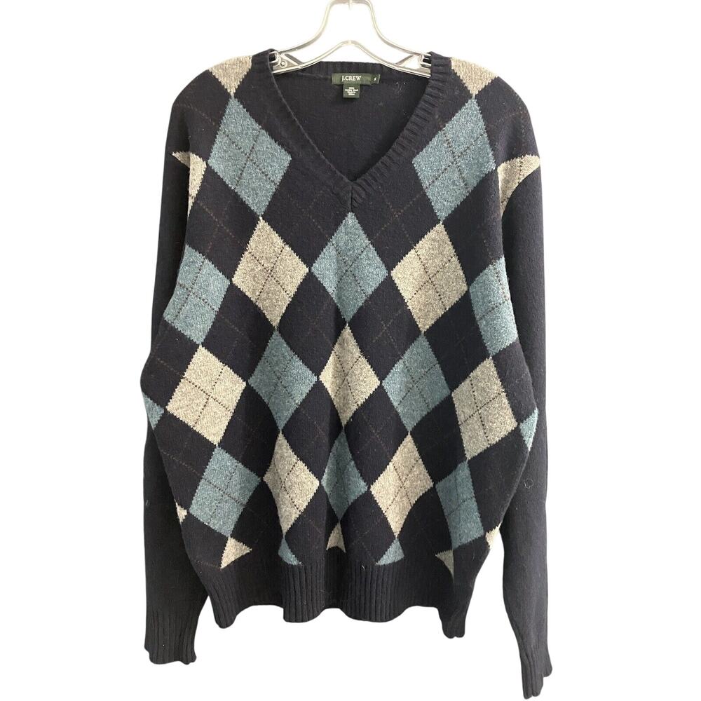 J Crew Mens 100% Lambswool Sweater XL Argyle Pullover Blue Diamond Sweater Vneck